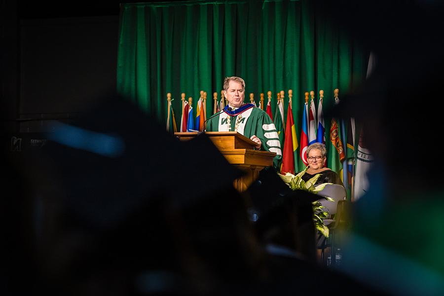 Northwest President Dr. Lance Tatum addresses graduates and their families during the University's winter commencement ceremonies. (Photo by Todd Weddle/Northwest Missouri State University)